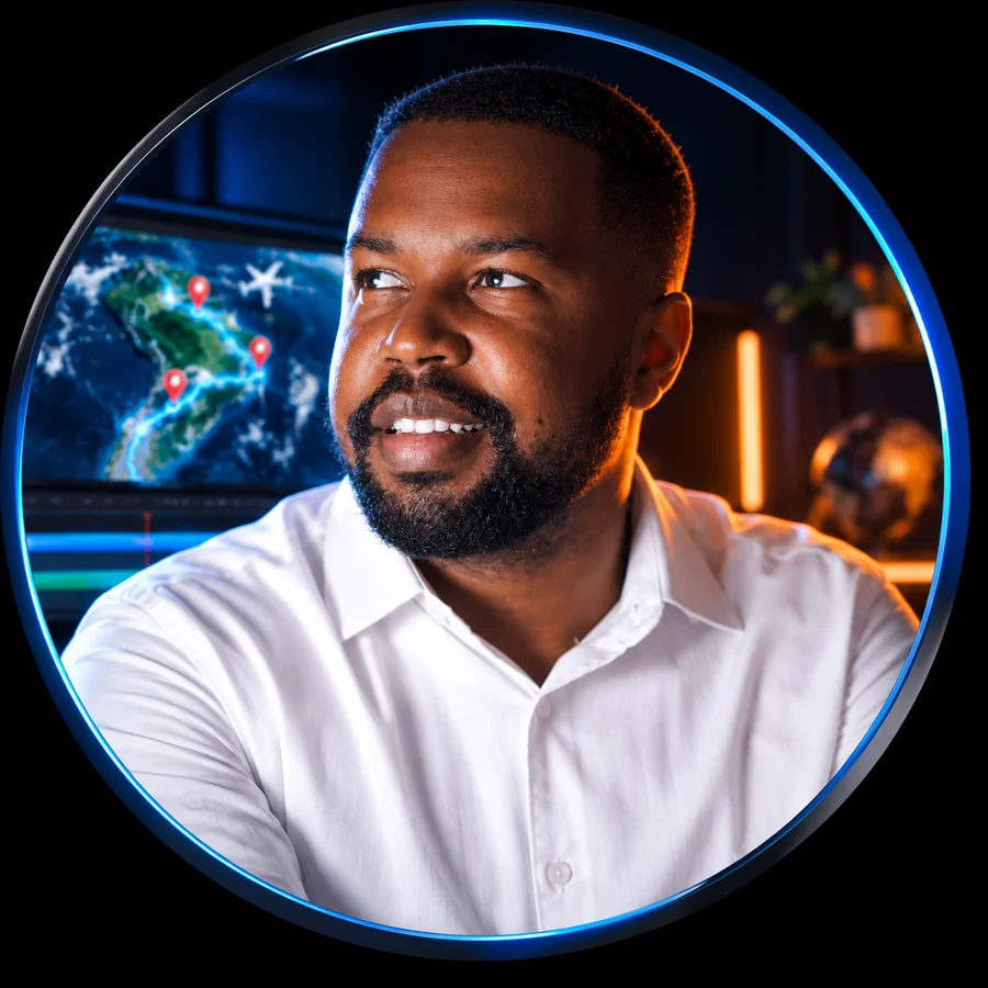 Isac Ramos da Silva, filmmaker e criador do Map Tracker Pro, em seu estúdio com um mapa ao fundo