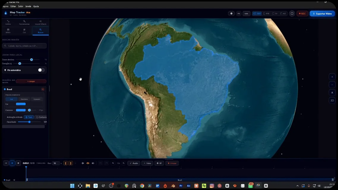 Região do Brasil destacada sobre o globo no Map Tracker Pro